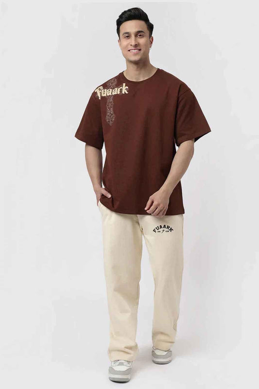 Fuaark Nz beige laidback relaxed joggers pants for men, casual fit with comfortable fabric and stylish design.