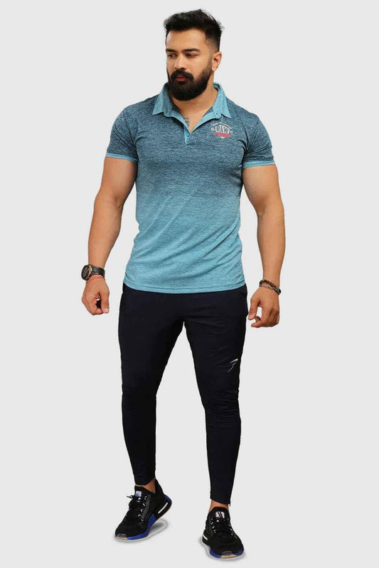 Blue Raw Polo Slim Fit T-shirt by Fuaark Nz, showcasing the fitted design and soft fabric on a mannequin.