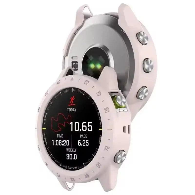 Pink Habicare protective watch case for Garmin MARQ Series, showing a snug fit and durable design for smartwatch protection.