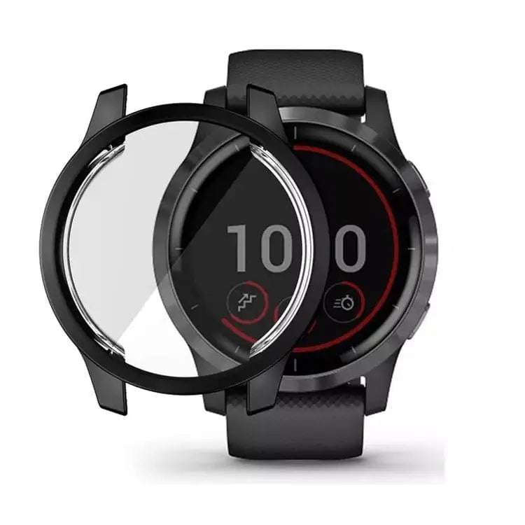 Black Habicare protective case for Garmin Venu 2S smartwatch, made of durable material, fits securely around the watch.