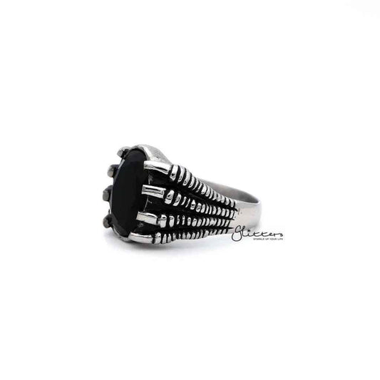 Men's stainless steel ring by Glitters featuring an antiqued claw design with black CZ stone casting.