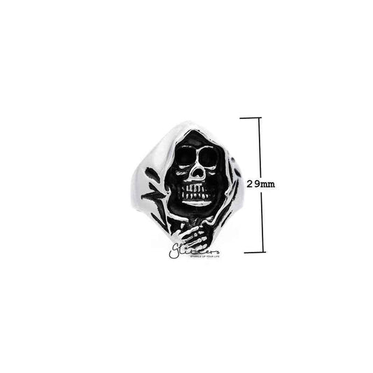 Men's antiqued stainless steel Grimm Ripper skeleton skull casting rings by Glitters, featuring detailed skull and skeleton design.