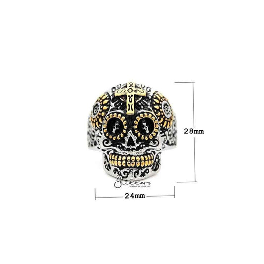 Men's stainless steel rings featuring a two-tone skull and cross design by Glitters.