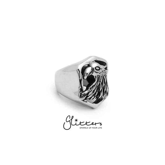 Stainless steel Eagle cast ring from Glitters, featuring detailed eagle design on a polished stainless steel band.