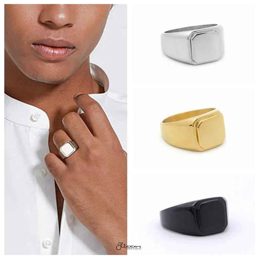 Black stainless steel square flat top signet ring by Glitters, showing a smooth, polished surface on a ring with a sleek, modern design.