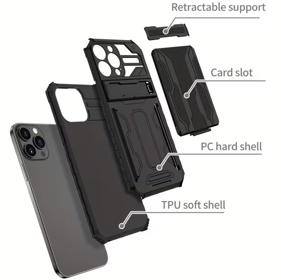 iPhone 15 Pro Max Heavy Duty Shockproof case With Card Holder & Kickstand (Black) - ShopHub