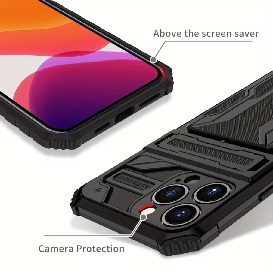 iPhone 15 Pro Heavy Duty Shockproof Case With Card Holder & Kickstand (Black) - ShopHub