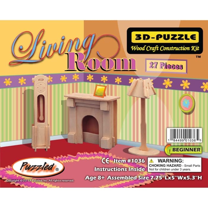 Detailed image of a 3D living room puzzle by 9eight5, showcasing miniature furniture and decor elements assembled in a realistic scene.