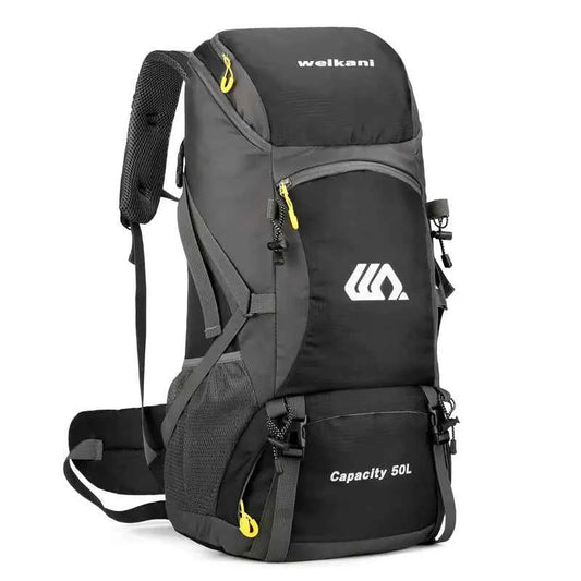 Lake blue 50L camping backpack for men and women by Mead's Supply & Equipment Outfitters, featuring multiple compartments and padded straps.