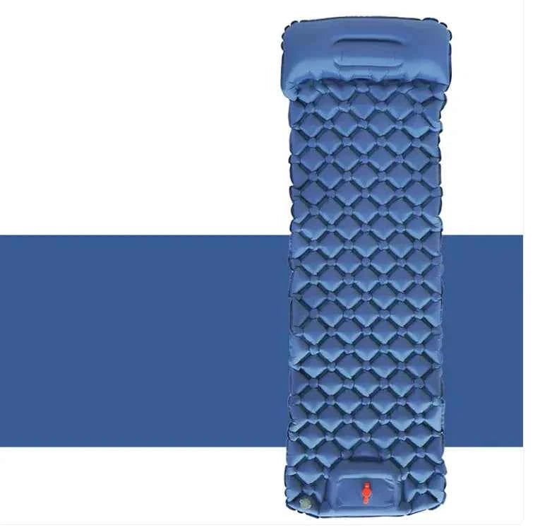 Royal blue Mead's Supply & Equipment Outfitters inflatable camping sleeping pad with built-in pillow, lightweight outdoor camping mat.