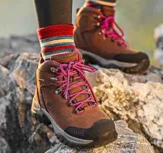 Waterproof high-top hiking boots in purple and coffee colors by Camel Brand, designed for outdoor trekking and rugged terrain.