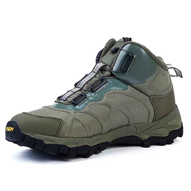 Green military tactical off-road trekking boots by Mead's Supply & Equipment for all-season hiking and combat durability.