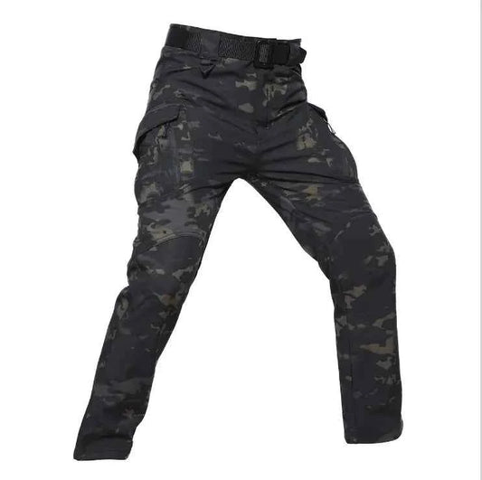 Men's tactical outdoor assault pants in black with cargo pockets, made from Shark Skin soft shell fabric, military style by Mead's Supply.