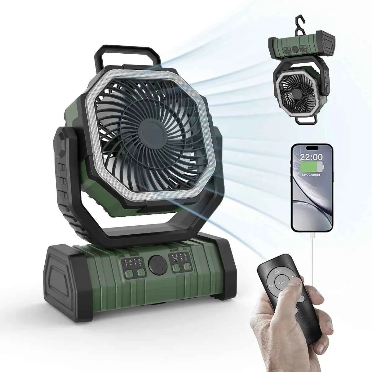 Mead's Supply outdoor camping fan with power bank, LED light, army green color, portable 3-speed outdoor electronics.