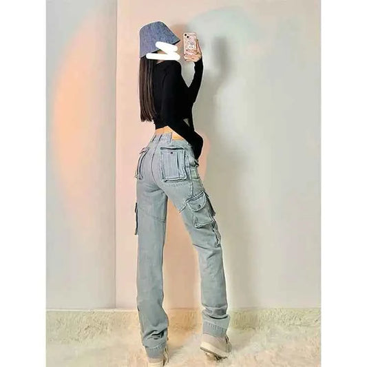 Women's blue High Street Multi-Pocket Cargo Jeans by Mead's Supply & Equipment Outfitters, showing multiple functional pockets and relaxed fit.