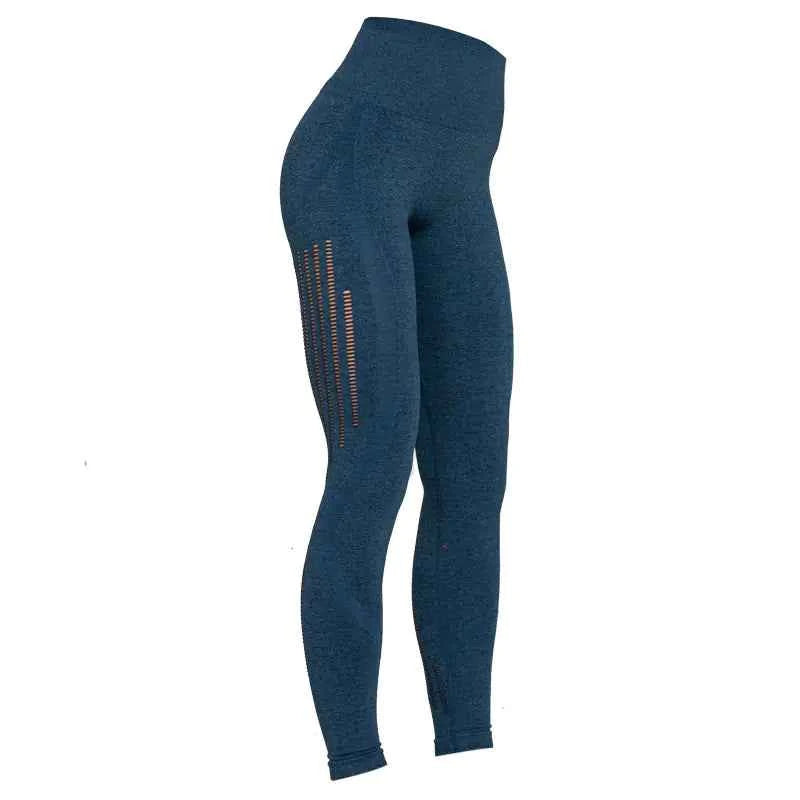 Blue high waist knitted yoga pants for women by Mead's Supply & Equipment Outfitters, seamless stretch athletic leggings.
