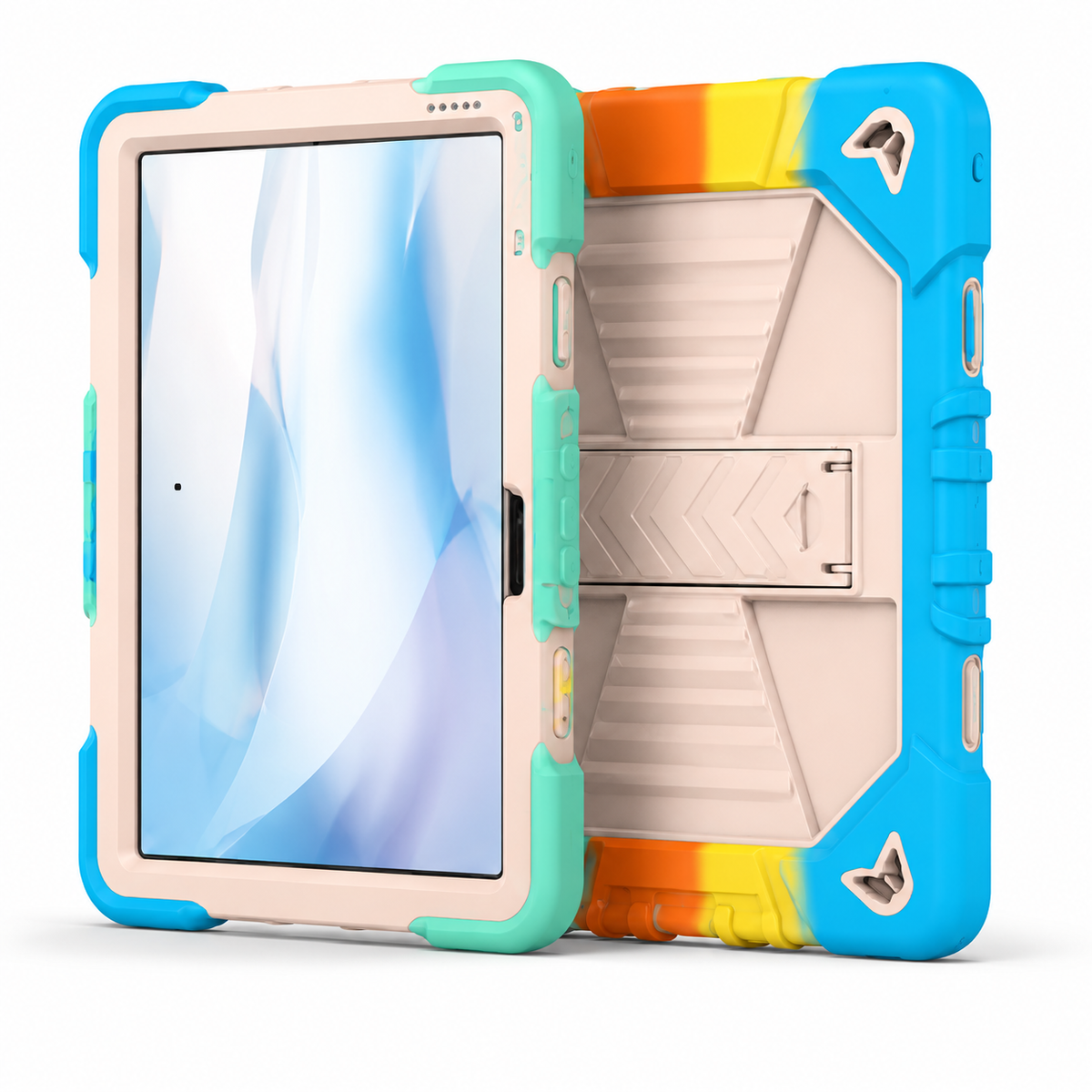 Techplus Rainbow Rugged Shockproof Case for Microsoft Surface Go 4 tablet with kickstand, front view showing colorful protective cover.