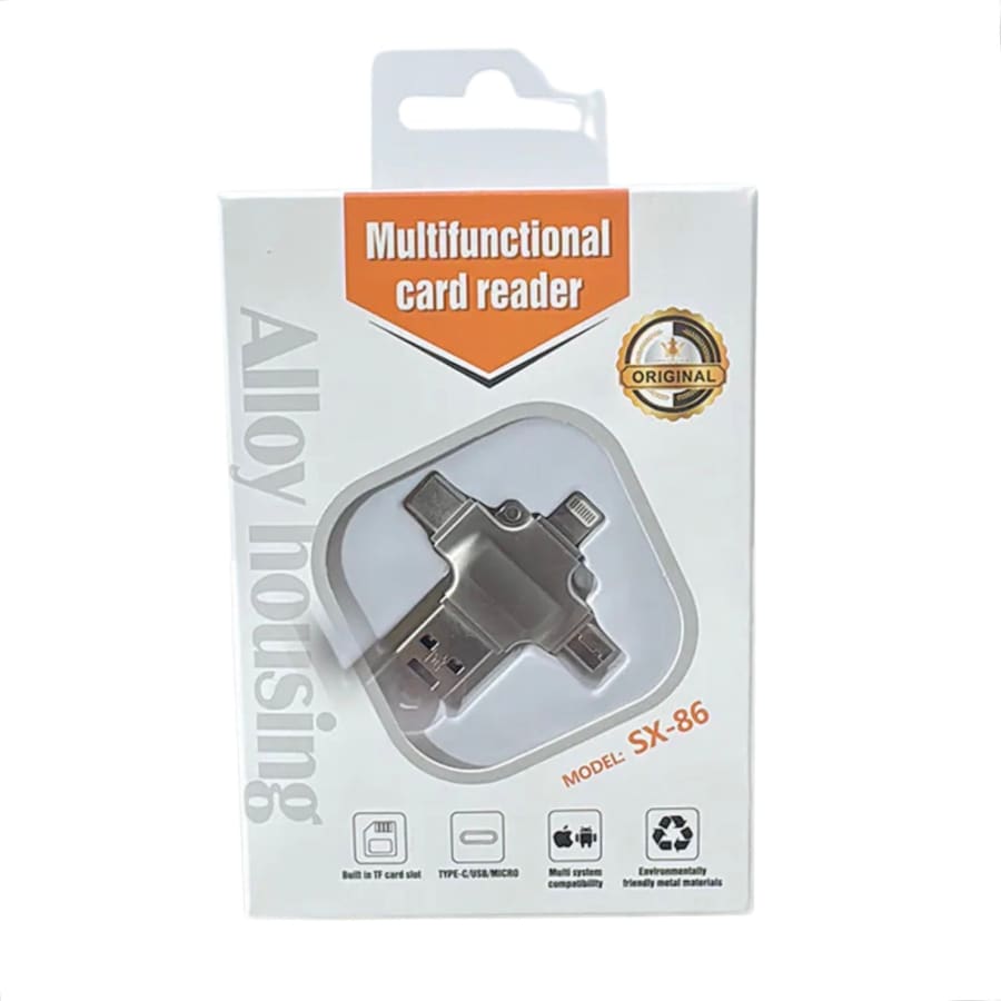 9eight5 SX86 multifunctional card reader adapter for electronics, showing multiple slots for SD, microSD, and USB cards.