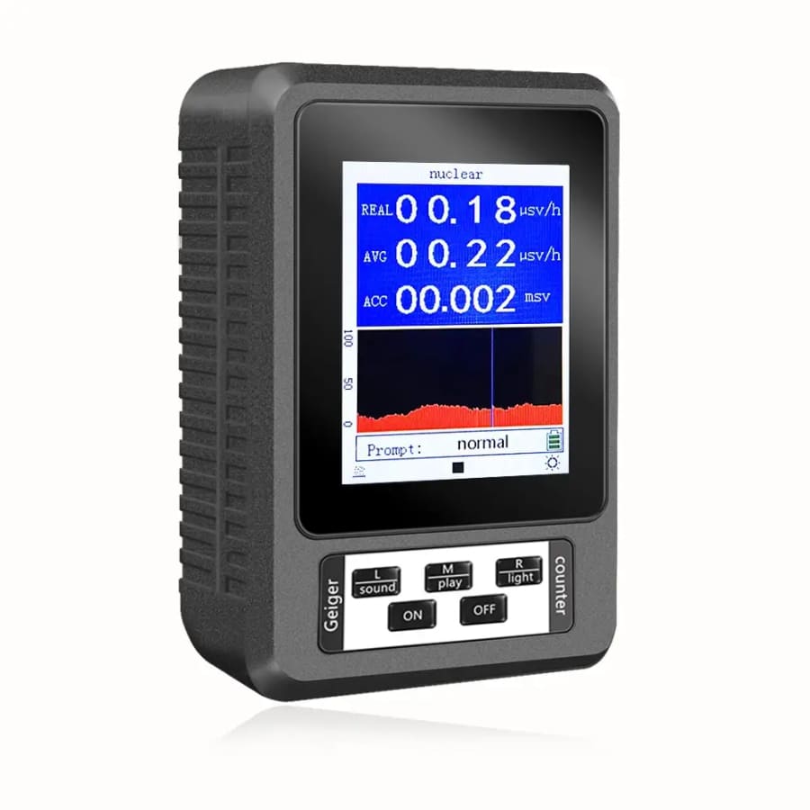 9eight5 Radiation Detector Geiger Counter XR1 showing digital display and controls for real-time radiation measurement.