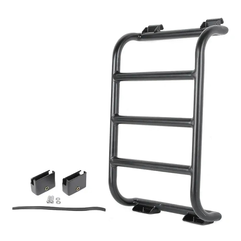Black HBC Rear Window Ladder Rack for RVs and Campervans, securely attached to vehicle's rear window for easy access.