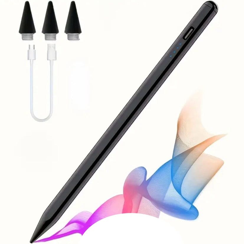 Black Replacement Apple Pencil for 1st and 2nd generation, compatible with iPads, shown resting on a tablet screen.