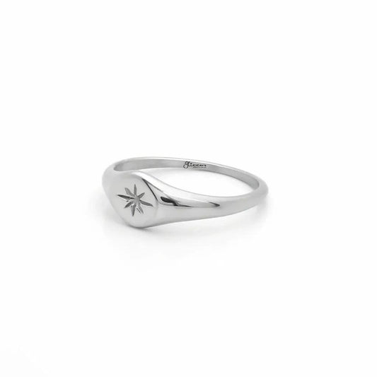 Stainless Steel Oval Sunburst Signet Ring - Silver.