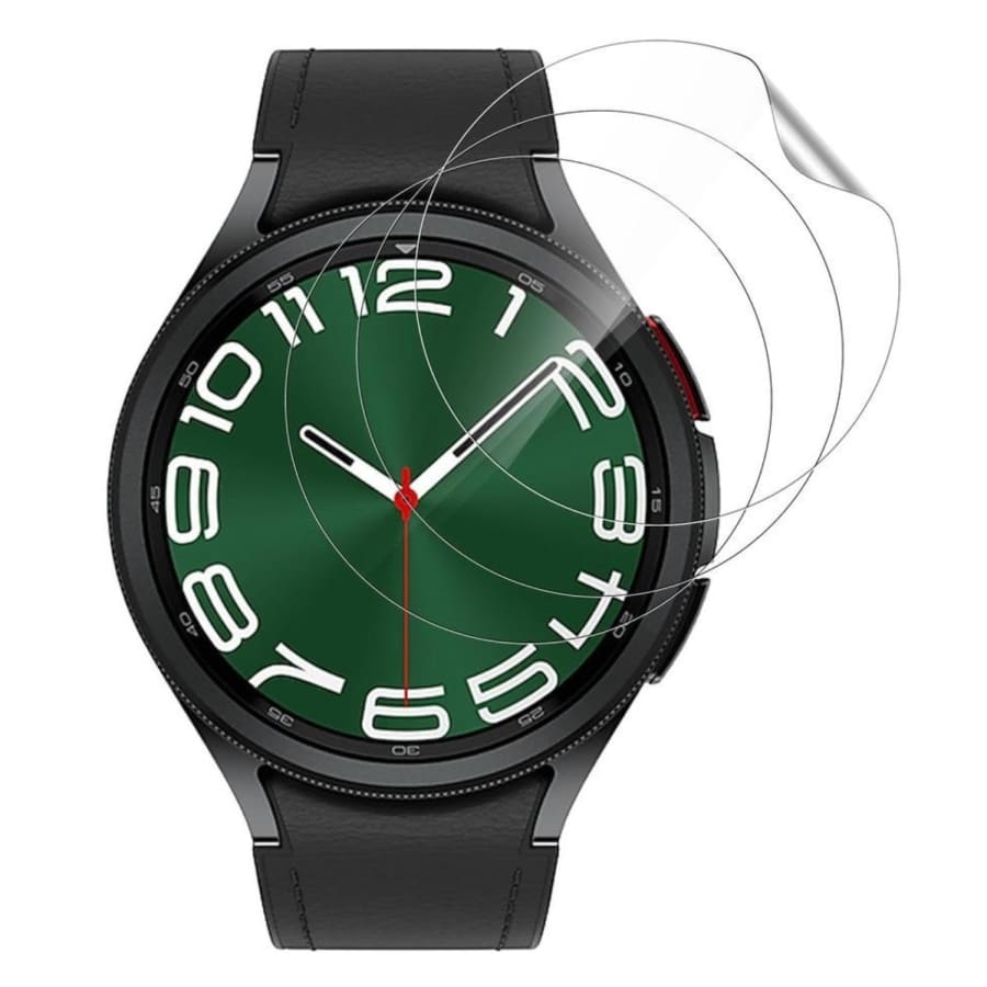 Hydrogel screen protectors for Samsung Galaxy Watch 6 Classic 43mm, pack of 6, showing the protectors fitting on the watch screen.