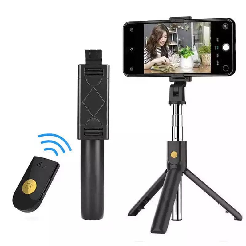 9eight5 selfie stick with remote and stand for phones and tablets, adjustable handle and compact design for easy photography.