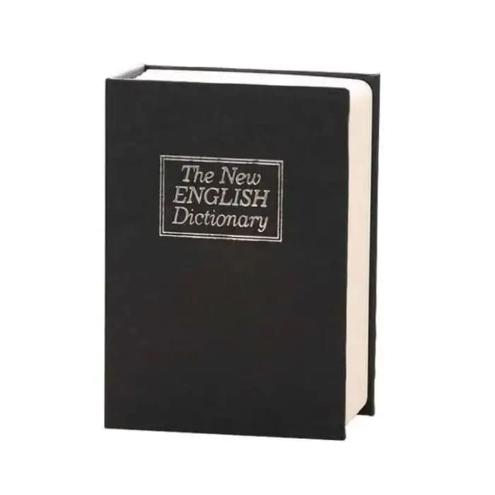 Small 9eight5 book-shaped safe and lock box for money storage, made of durable metal, with a secure key lock.