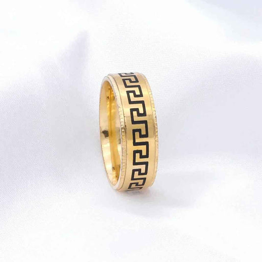 Stainless Steel Greek Key Pattern Band Ring - Gold