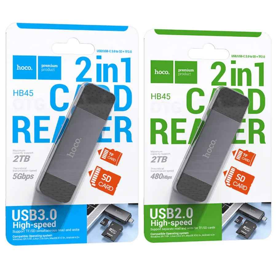 Techplus HB45 2-in-1 USB 3.0 card reader with dual USB-A and Type-C ports, compact and versatile for data transfer.