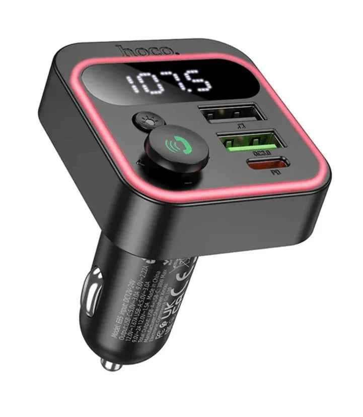 Techplus Hoco 38W FM car kit with RGB light, Bluetooth 5.4 car charger featuring PD and QC fast charging capabilities.
