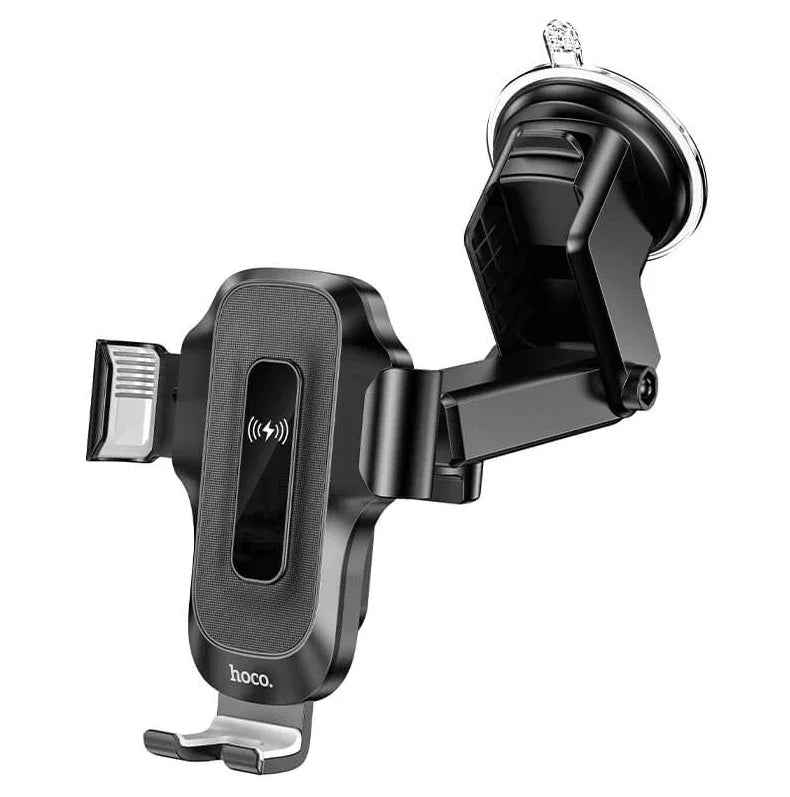 Techplus Hoco HW3 wireless fast charging car phone holder mounted on dashboard, supports 5W-15W charging and windshield mounting.