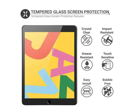 Techplus iPad 7th to 9th Gen clear tempered glass screen protector on an iPad screen, showing edge-to-edge coverage and clarity.