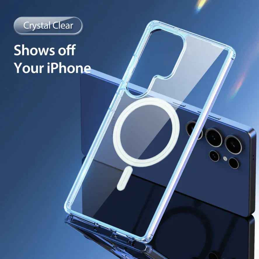 Clear Samsung Galaxy S25 Ultra MagSafe case by techplus showing transparent design and precise cutouts for ports and camera.