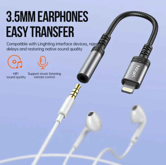 Techplus Vipfan Lightning to 3.5mm audio jack adaptor connected to an iPhone for headphone connection.