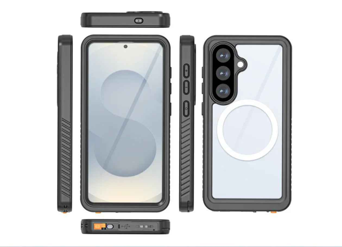 Clear waterproof and shockproof phone case for Samsung Galaxy S26 Plus by TechPlus, showing the protective cover from the front.