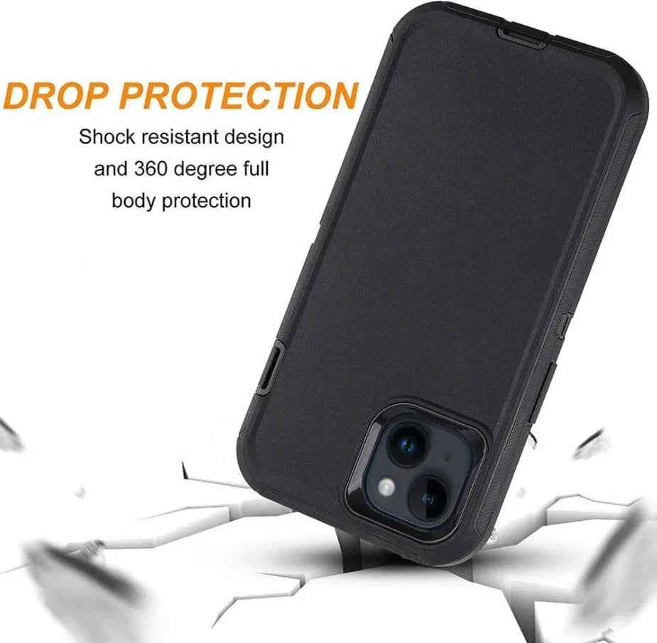 Techplus iPhone 15 heavy-duty shockproof mobile phone case showing rugged design and protective features.