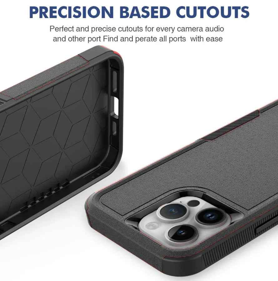 TechPlus iPhone 15 Pro Max dual layer armor hard case showing rugged black exterior and precise cutouts for buttons and camera