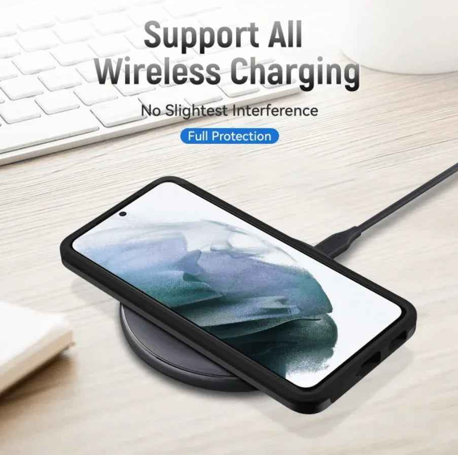 Black Samsung Galaxy S21 FE dual layer armor hard case by techplus, providing durable protection for mobile phones.