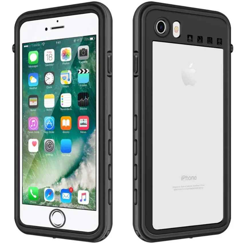 Black waterproof case for iPhone SE by TechPlus, designed for secure protection and durability.