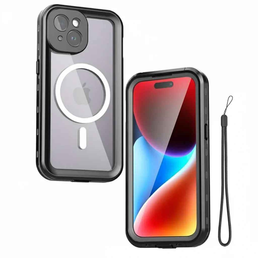 Clear waterproof and shockproof iPhone 15 case by techplus, designed for protection and durability.