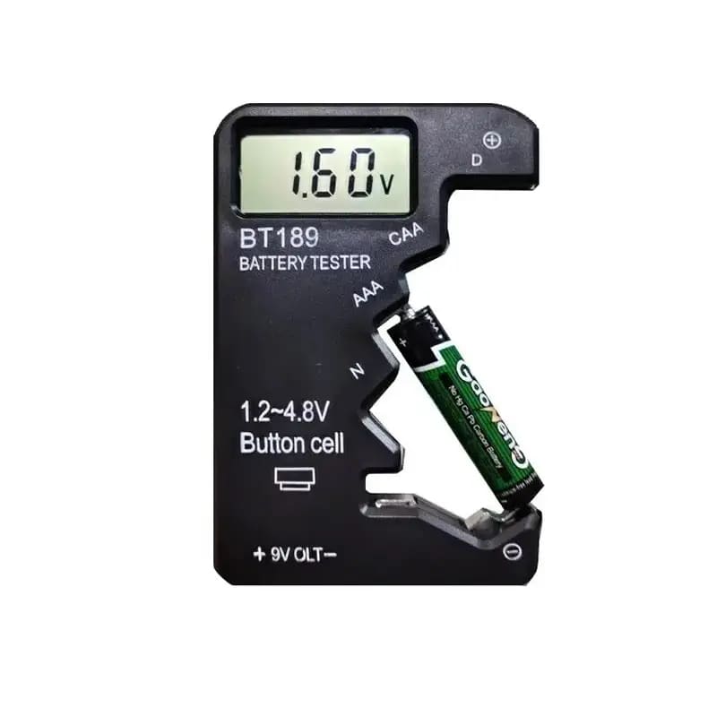 Battery tester for button cell, AA, AAA, C, D, 9V, 14500, 16340 batteries from That Watch Shop, with display and testing buttons.