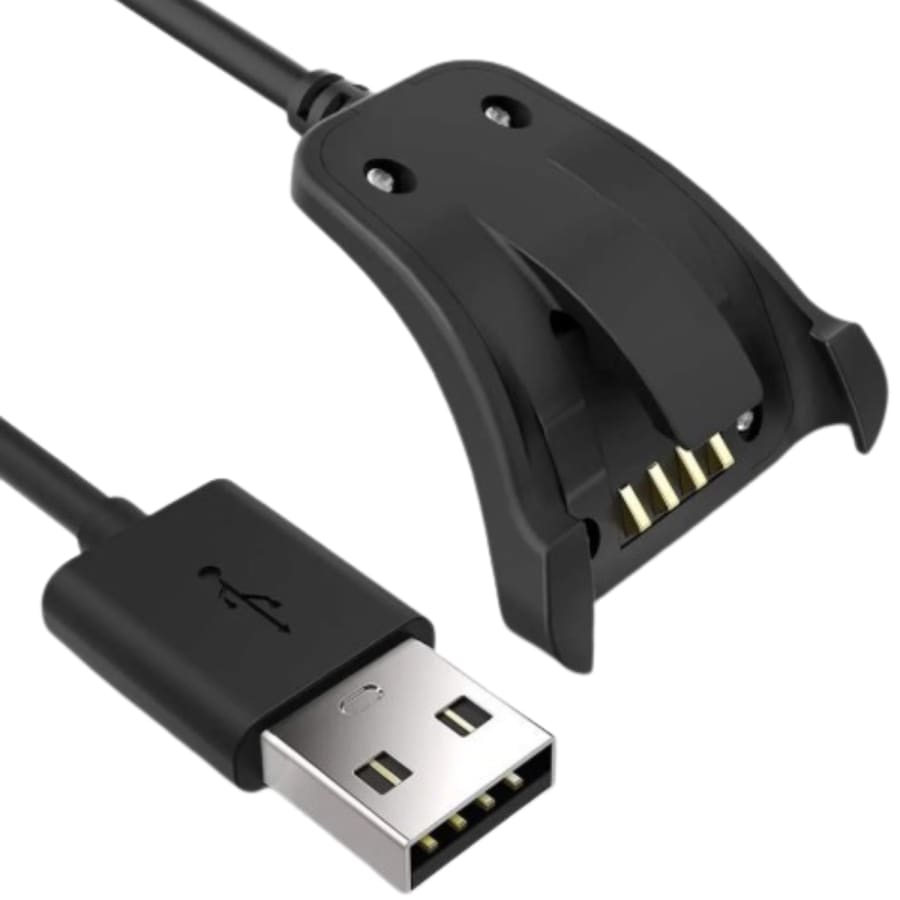 Black USB-A charger cable for TomTom Runner 2/3 and Spark Series smartwatches, 1 meter long.
