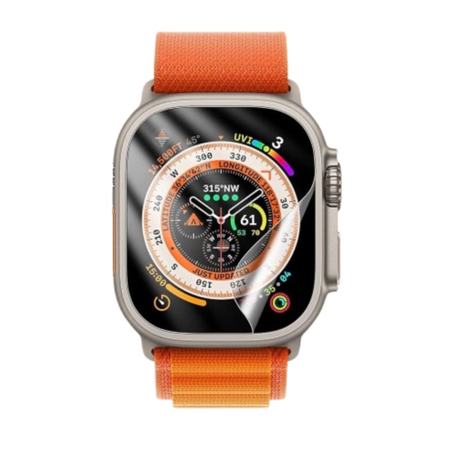 Hydrogel screen protectors for Apple Watch Ultra 49mm, pack of 6, showing clear, flexible protectors fitted on the watch face.