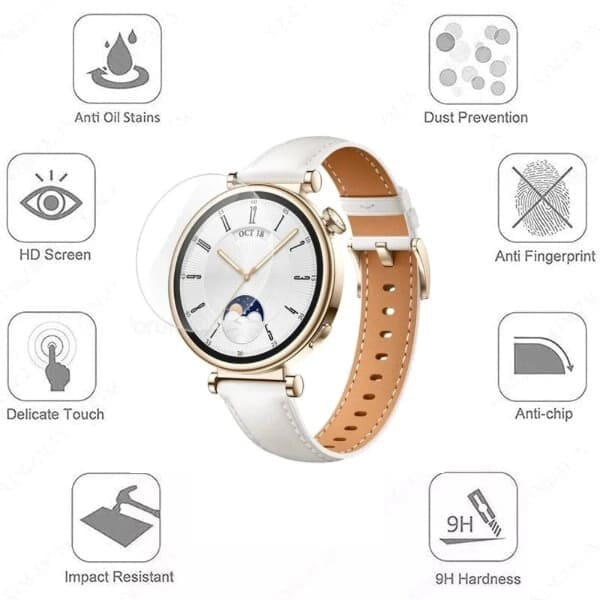 Hydrogel screen protectors for Huawei GT4 41mm smartwatch, pack of 6, showing transparent, flexible protection for watch screens