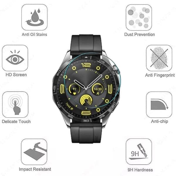 Hydrogel screen protectors for Huawei GT4 46mm smartwatch, pack of 6, showing clear, flexible protective film on watch face.