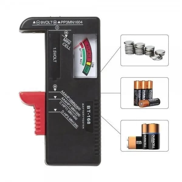9eight5 universal battery tester for AA, 9V, and button cell batteries, showing testing display and battery slots in a tools and kits setting.