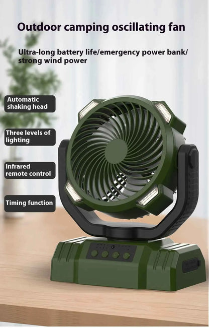 Outdoor Camping Fan with Power Bank and LED Light - Portable 3-Speed Fan
