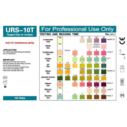 Pack of 100 URS-10T urinalysis reagent strips by 9eight5, designed for testing 10 parameters in diagnostic tools and kits.